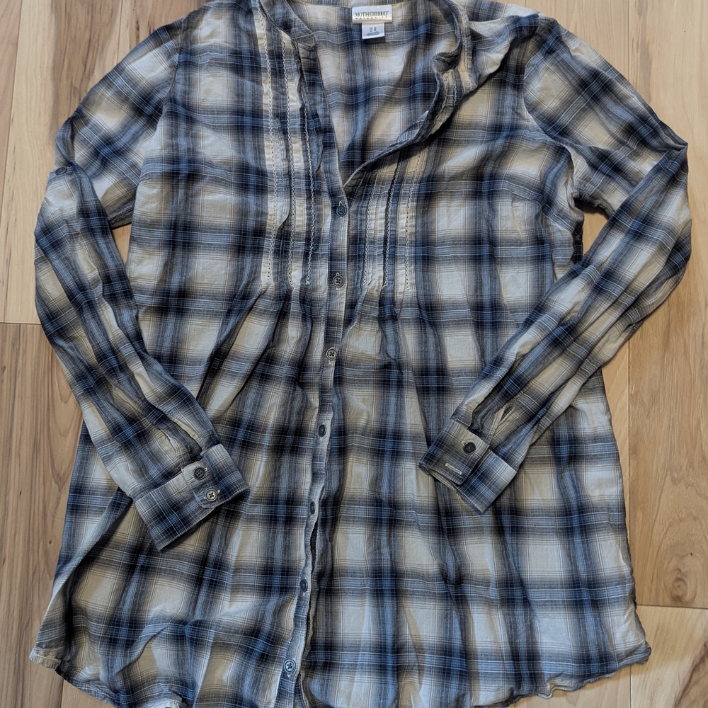 Blue and Tan Plaid Button-Up Shirt